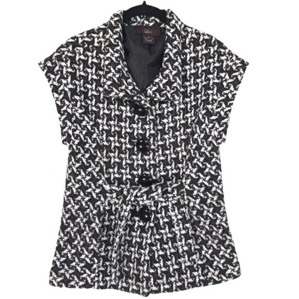 Anthropologie LUII Women's Jacket LARGE Black White Gray Boucle Belted‎ Textured